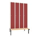 Klädskåp Sonesson, BxDxH 1200x550x1900 mm, bänkstativ, 4 dörrar i 4 skåp, mörkröd/vit
