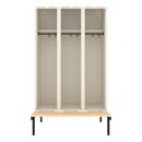 Klädskåp Sonesson, BxDxH 1200x550x1900 mm, bänkstativ, 3 dörrar i 3 skåp, mörkröd/vit