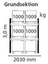 Pallställ Space grundsektion, B1100xH3000 mm för 6 pallar, 1000 kg/pall, max 9000 kg/sektion