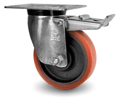 Industrihjul av stål/polyuretan Ø 125x30 mm, länkhjul med broms