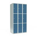 Elevskåp Fydor SMG, BxDxH 900x550x1752 mm, 9 dörrar i 3 skåp, plant tak, blå/ljusgrå