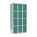 Elevskåp Fydor SMG, BxDxH 900x550x1752 mm, 12 dörrar i 3 skåp, plant tak, grön/ljusgrå