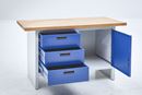 Verktygsbänk Halvar, 3 lådor, 1 dörr, bredd 1500 mm, ljusgrå / gentianblå