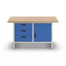 Verktygsbänk Halvar, 3 lådor, 1 dörr, bredd 1500 mm, ljusgrå / gentianblå