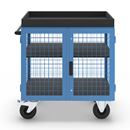 Verkstadsvagn Indra, front och långsidor av stålgaller, utan hyllplan