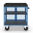 Verkstadsvagn Indra, front och långsidor av stålgaller, utan hyllplan