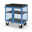 Verkstadsvagn Indra, front och långsidor av stålgaller, utan hyllplan