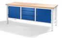 Arbetsbänk Jostein, bredd 2000 mm, 3 lådor: 1 x 125 / 2 x 175 mm, 2 dörrar 475 mm, ljusgrå/gentianablå