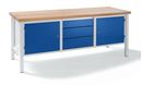 Arbetsbänk Jostein, bredd 2000 mm, 3 lådor: 1 x 125 / 2 x 175 mm, 2 dörrar 475 mm, ljusgrå/gentianablå