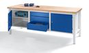 Arbetsbänk Jostein, bredd 2000 mm, 3 lådor: 1 x 125 / 2 x 175 mm, 2 dörrar 475 mm, ljusgrå/gentianablå