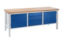 Arbetsbänk Jostein, bredd 2000 mm, 3 lådor: 1 x 125 / 2 x 175 mm, 2 dörrar 475 mm, ljusgrå/gentianablå