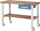 Mobil arbetsbänk Majken, 4 länkhjul, 1 låda, hyllplan, skiva BxD 1500 x 700 mm