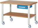 Mobil arbetsbänk Majken, 4 länkhjul, 1 låda, hyllplan, skiva BxD 1500 x 900 mm