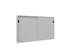 Verkstadsskåp med skjutdörrar Ellinor, höjd 1200 mm, dörrar helt i plåt, BxD 2000 x 400 mm, med skiljevägg och 2 x 2 hyllplan, dörr ljusgrå